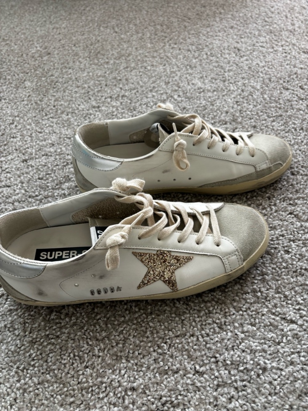 Golden Goose White Leather Sneakers with Gold Glitter Star